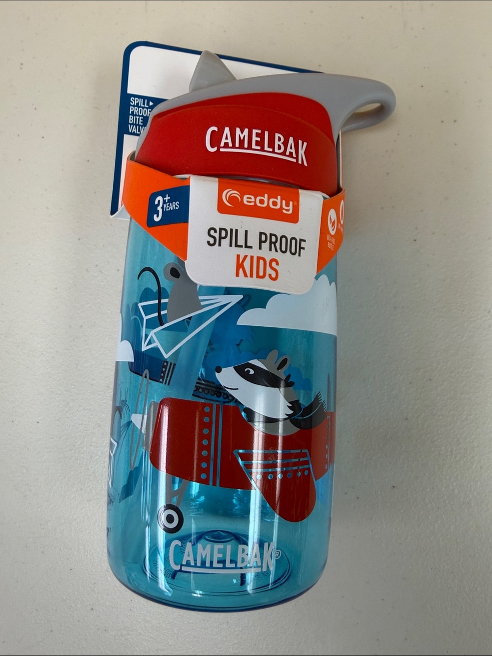 CamelBak Kids Water Bottle in Blue with Red Lid - Animal Plane Design
